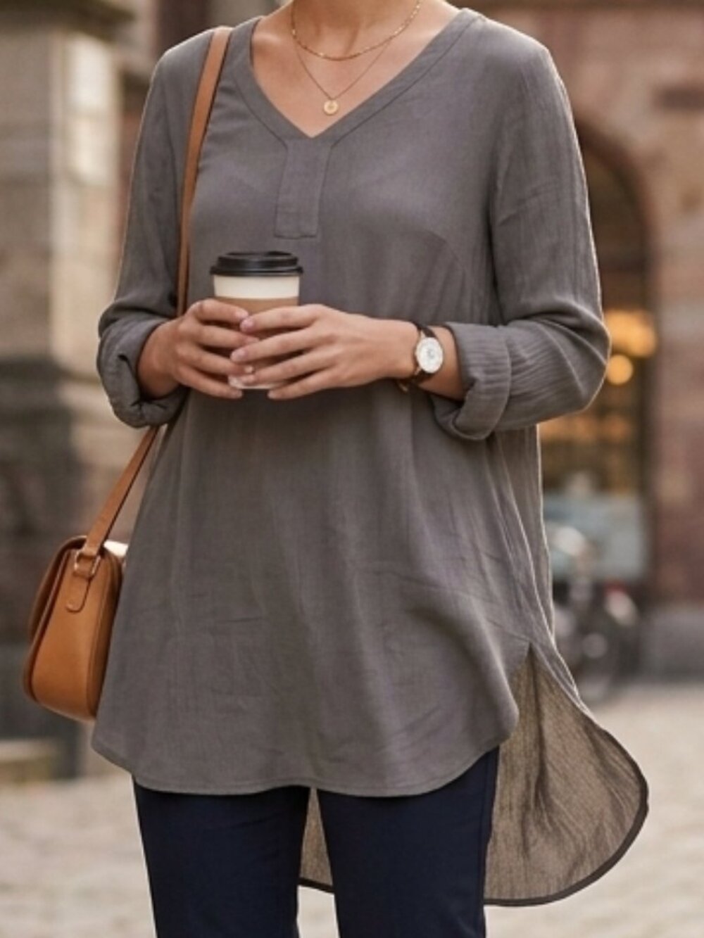 Kaffe KAmber V-Neck Tunic Blouse Smoke Grey Long Sleeve Shirt Size 6